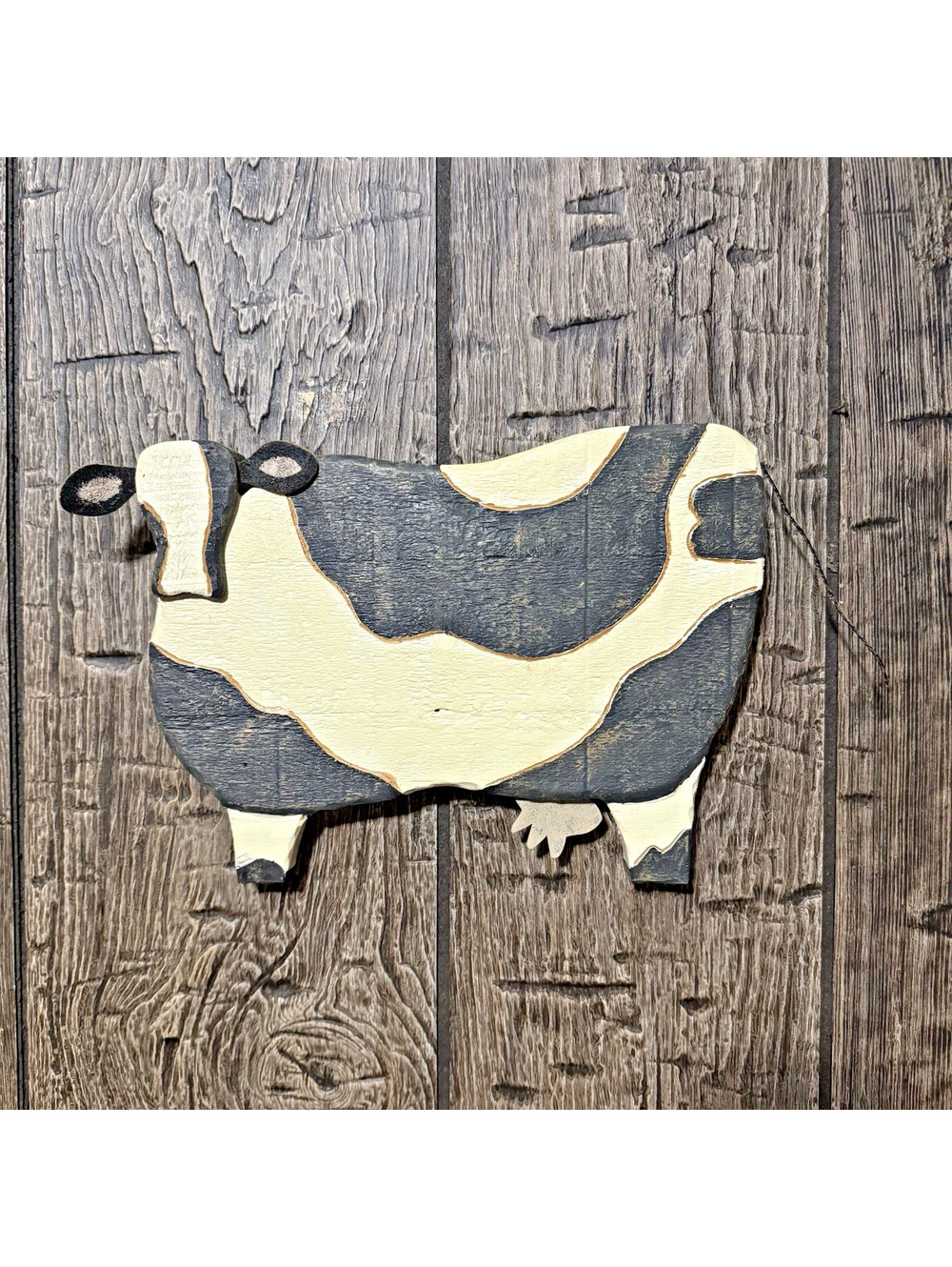 Vtg Hand Carved Wood Folk Art Cow Painted Wall Hanging Leather Ears Metal 12"